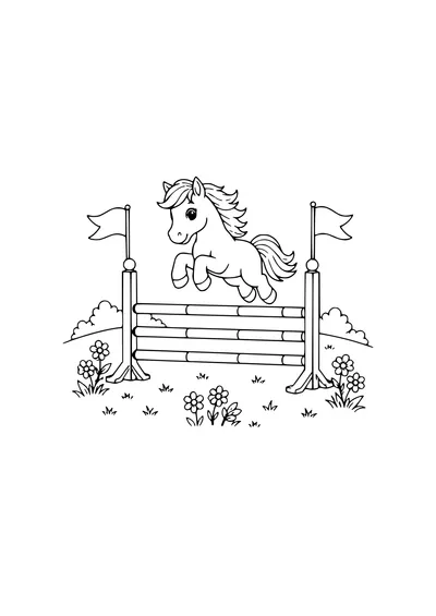 Free horses and ponies coloring page: pony jumping over a fence