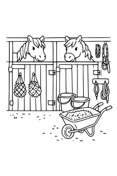 Coloring page of two ponies looking over stable doors
