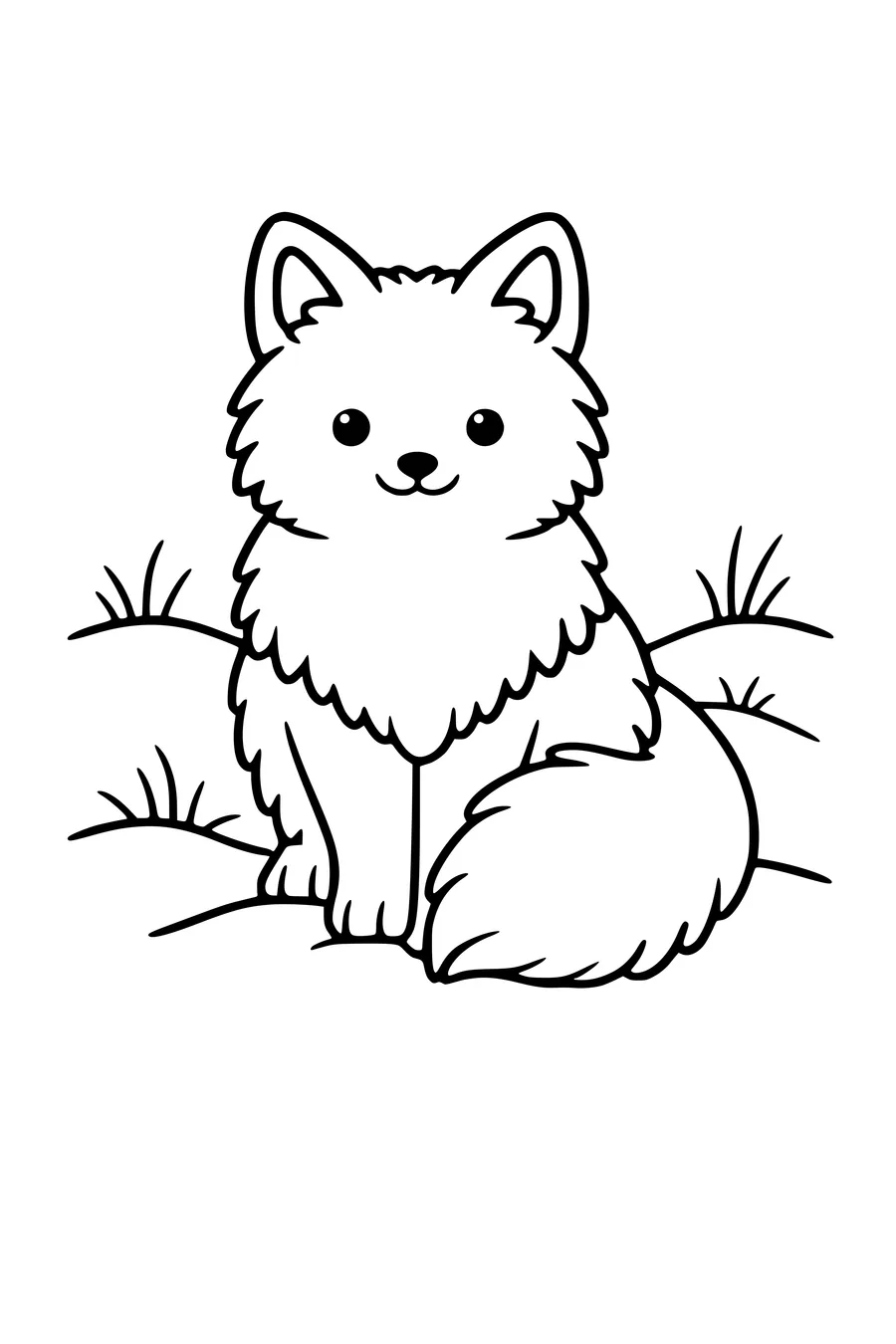 Coloring page of an arctic fox sitting in the snow