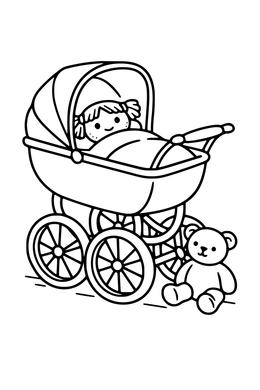 Coloring page of a doll`s pram with a rag doll and a teddy bear