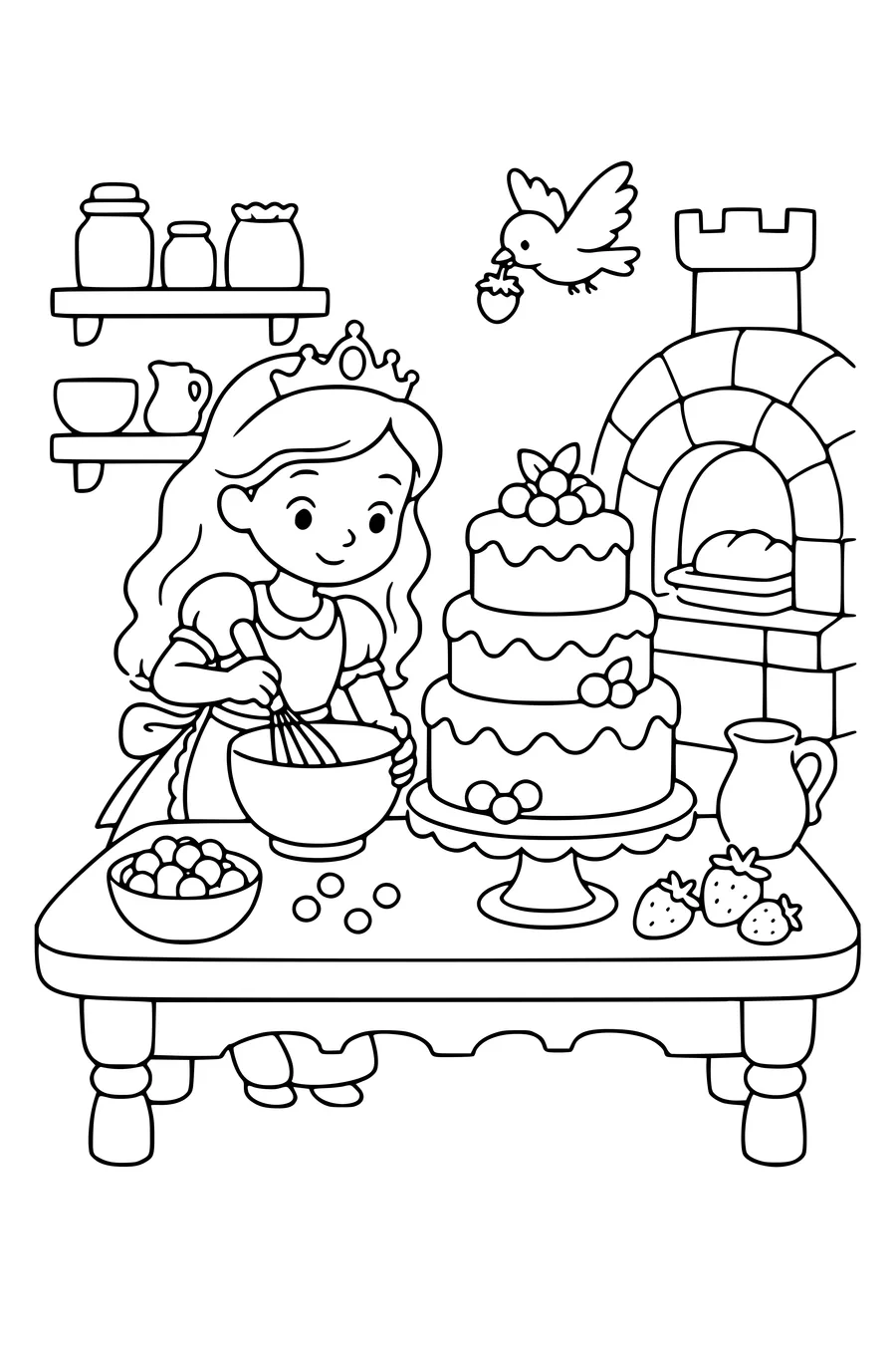 Kleurplaat op gemiddeld niveau van een originele prinses die een hoge taart bakt