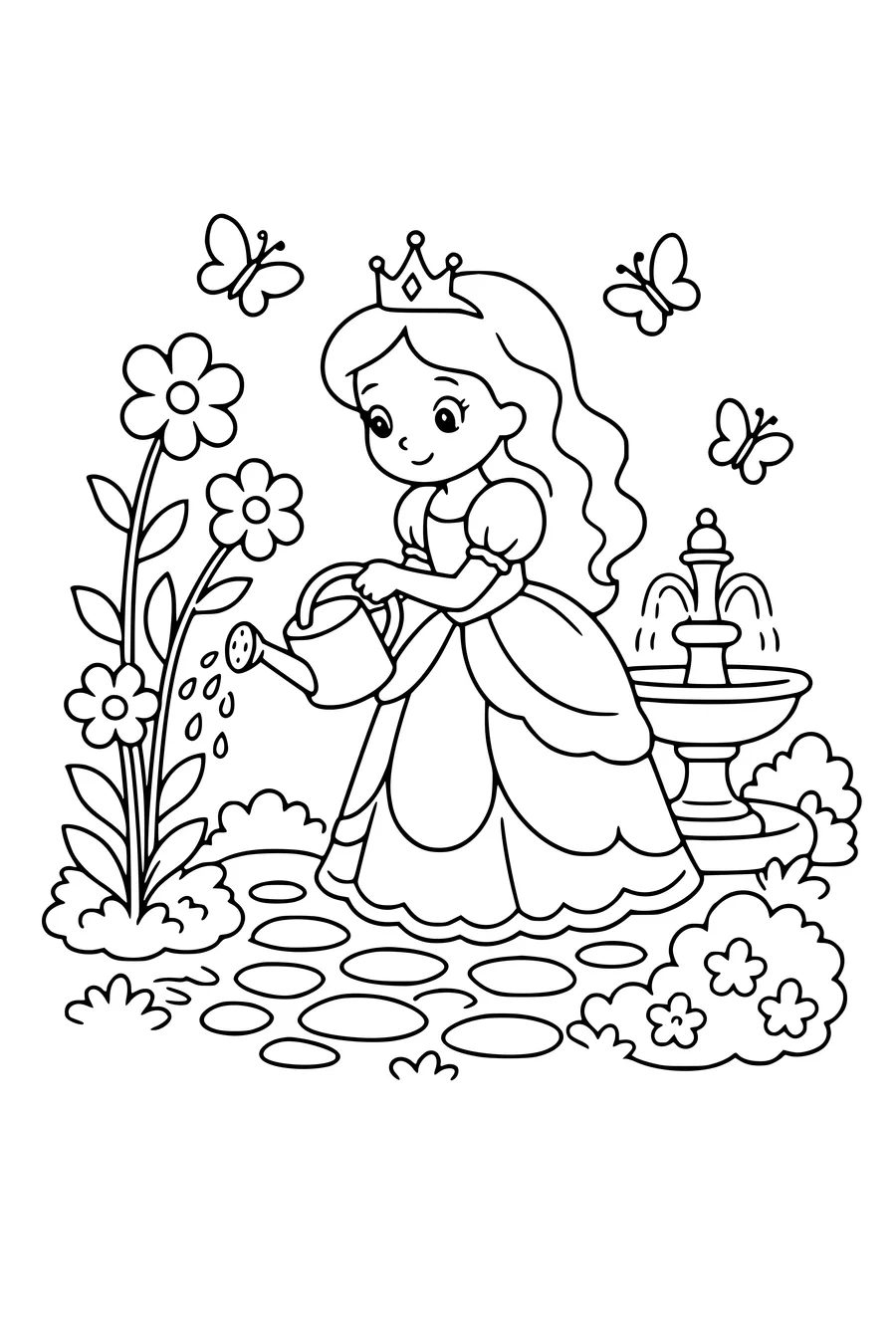 Coloring page of an original princess watering flowers in a palace garden