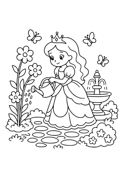 Kleurplaat van een originele prinses die bloemen water geeft in een paleistuin