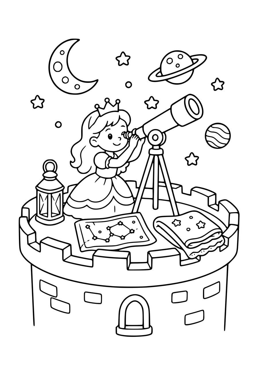 Kleurplaat op gemiddeld niveau van een originele prinses die door een telescoop kijkt