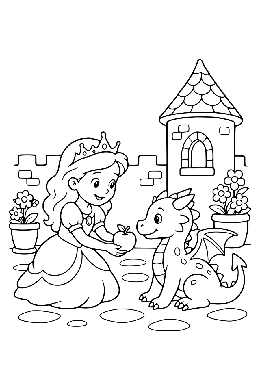 Kleurplaat van een originele prinses die een appel aan een babydraakje geeft