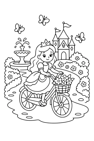 Kleurplaat op gemiddeld niveau van een originele prinses op een fiets in de paleistuin