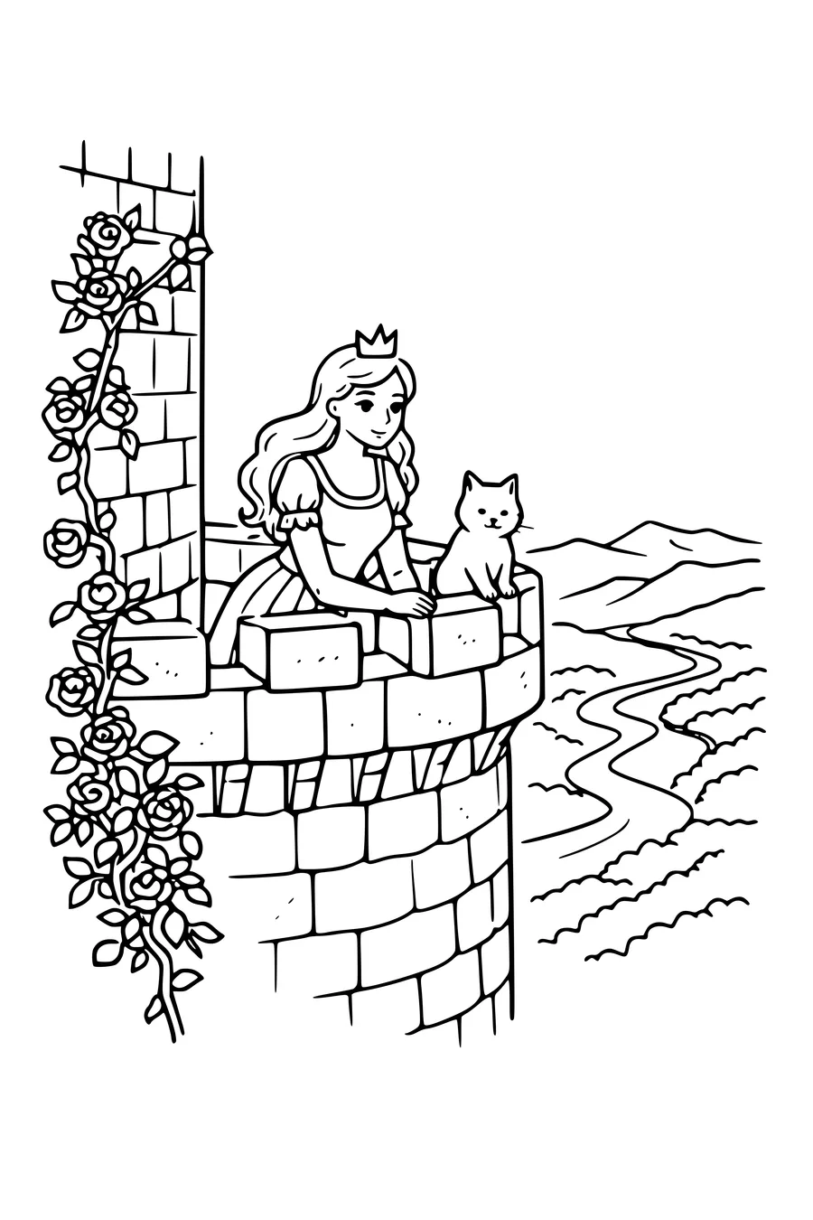 Kleurplaat van een prinses op een kasteelbalkon met een kat en klimrozen