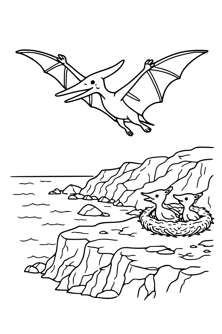 Kleurplaat van een pterosaurus boven een klif met een nest eronder