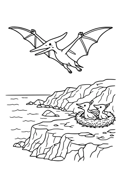 Coloring page of a pterosaur gliding above a cliff with a nest below