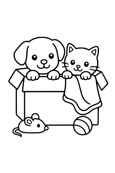 Easy coloring page of a puppy and kitten peeking from a box