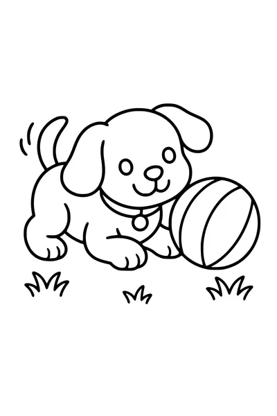 Easy coloring page of a playful puppy beside a striped ball