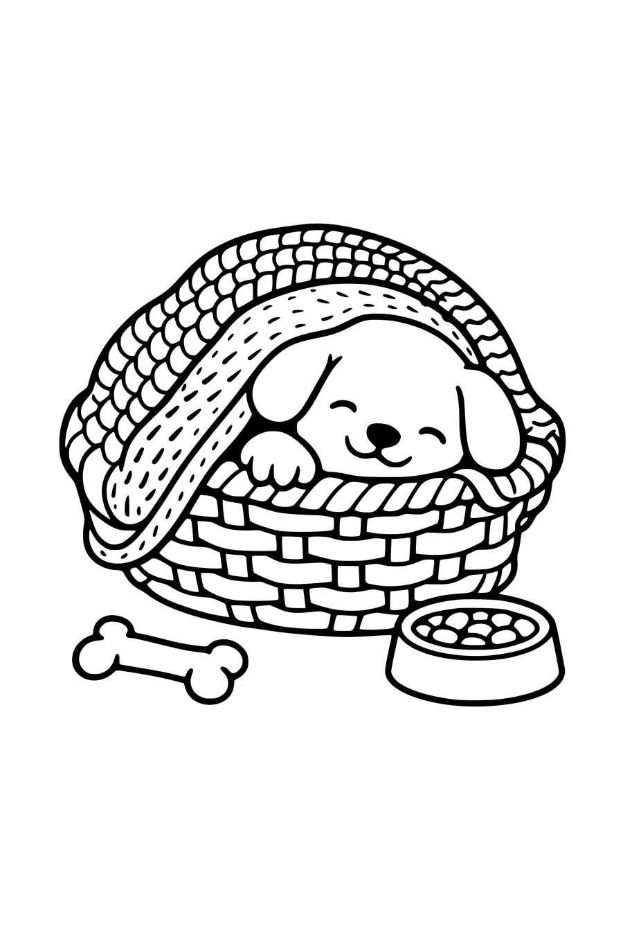 Coloring page of a puppy curled up under a knitted blanket