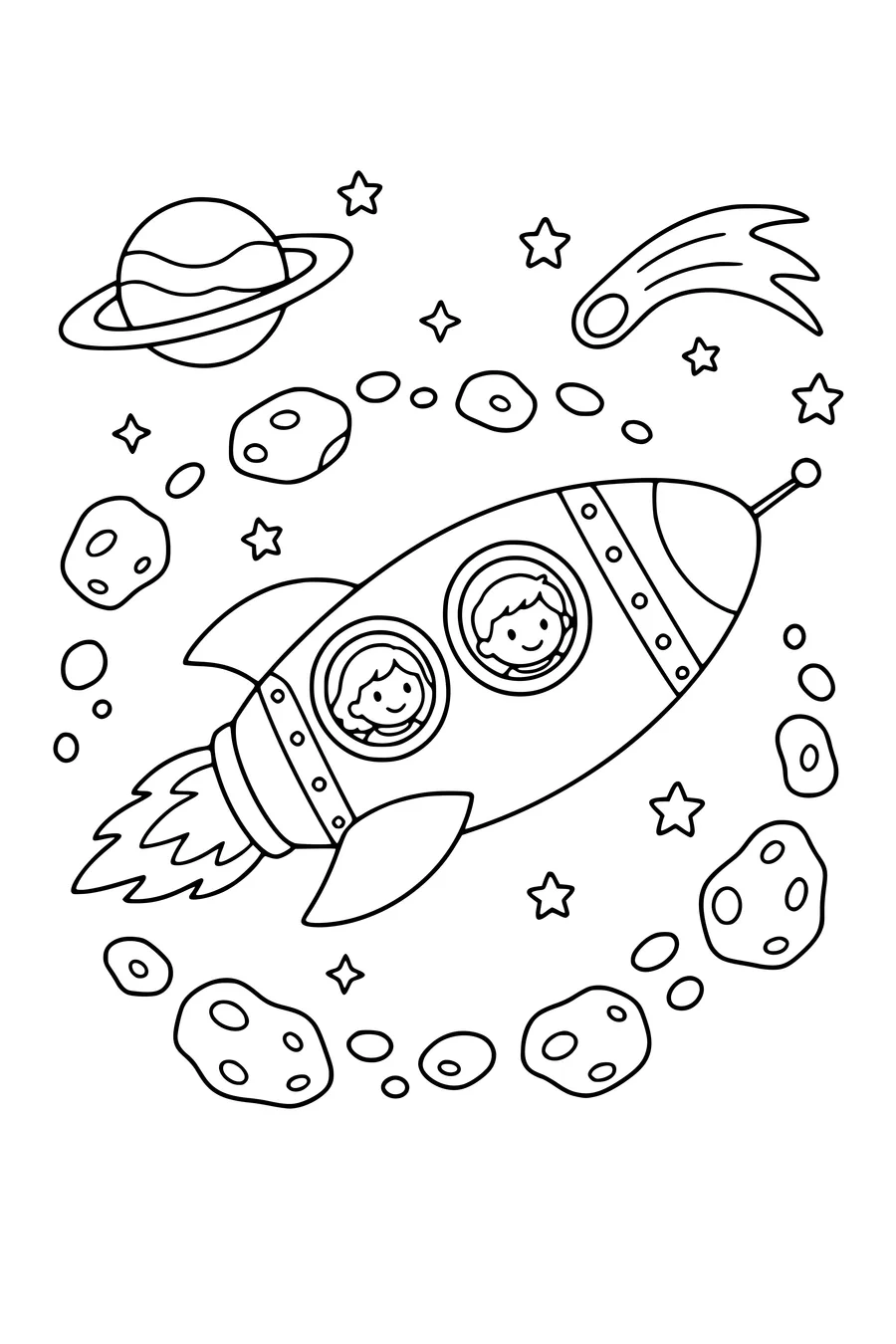 Medium coloring page of an original rocket flying through an asteroid ring