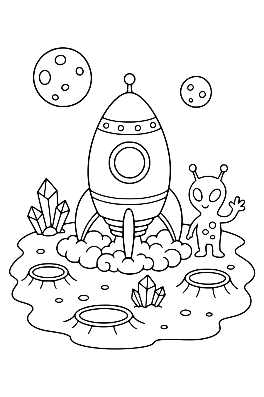 Coloring page of an original rocket landing on an alien planet