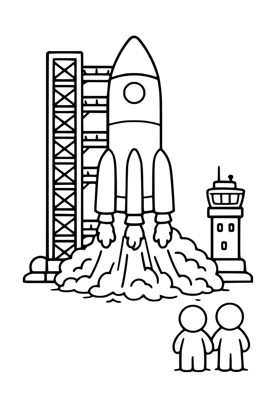 Ausmalbild einer Rakete auf der Startrampe