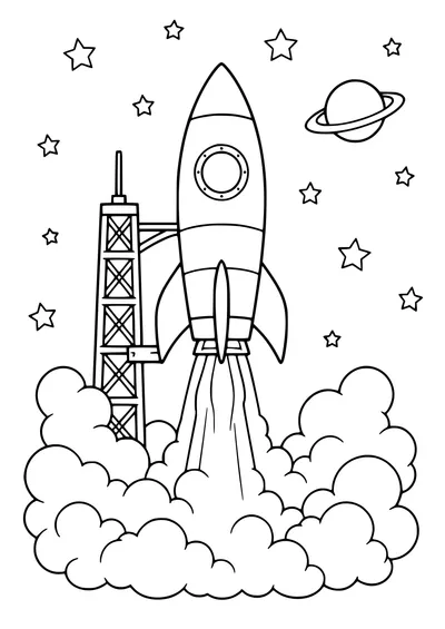 Kostenloses Ausmalbild Raketenstart in den Weltraum