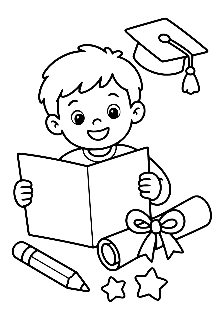 Free printable school coloring page of school report and diploma in class