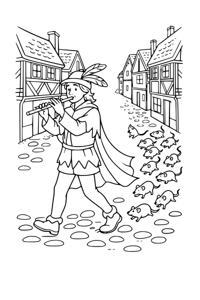 Coloring page of the Pied Piper leading rats down a street