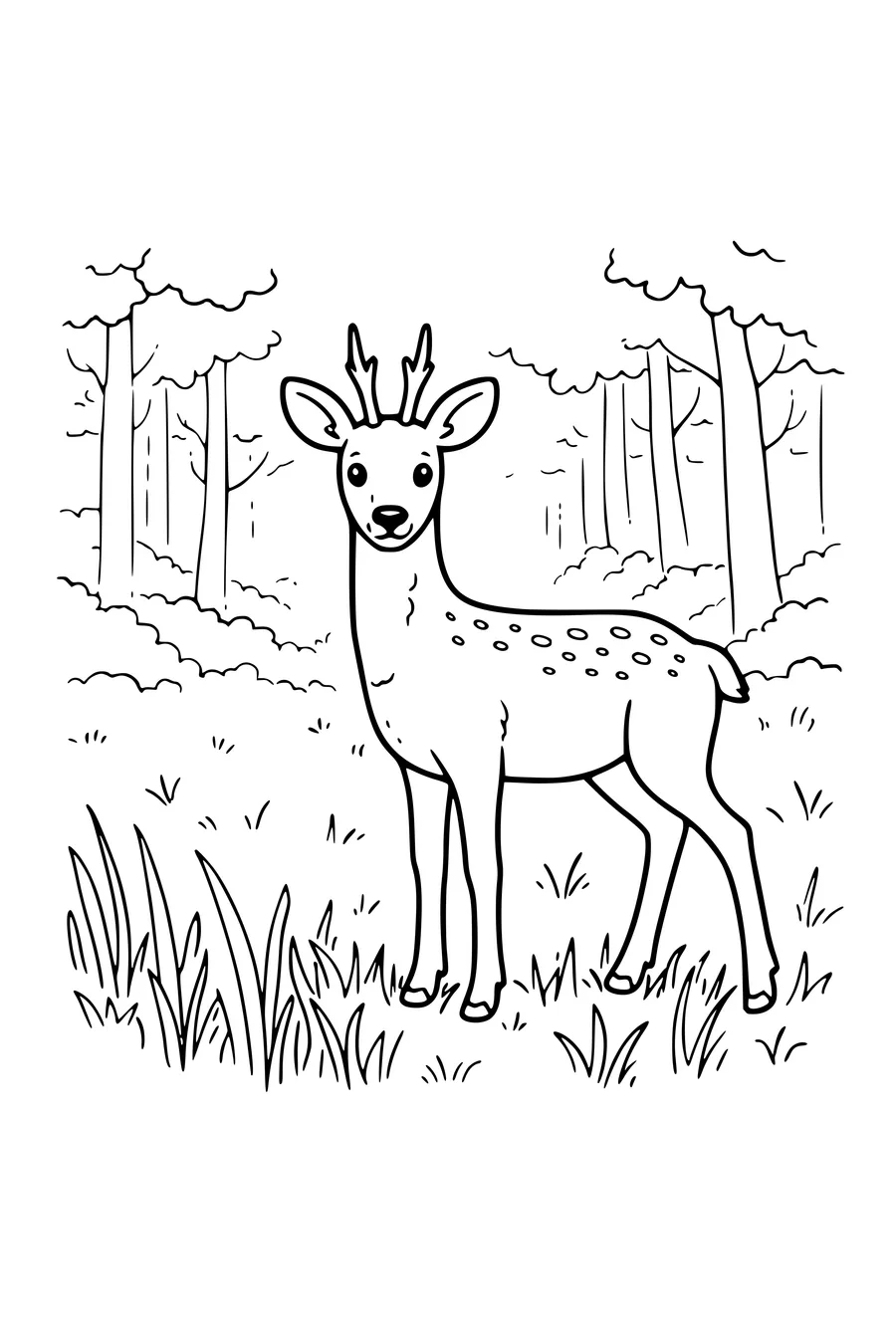 Coloring page of a roe deer in a misty meadow at the edge of a wood