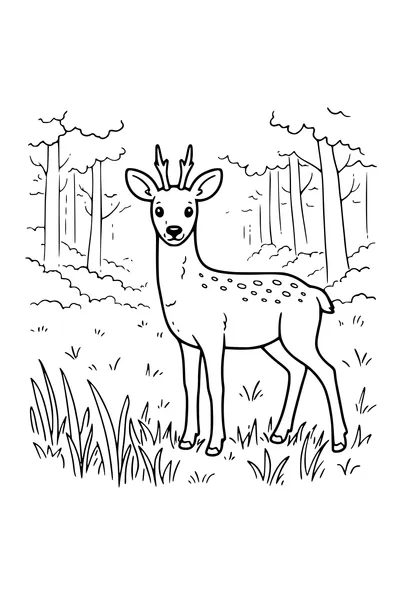 Coloring page of a roe deer in a misty meadow at the edge of a wood