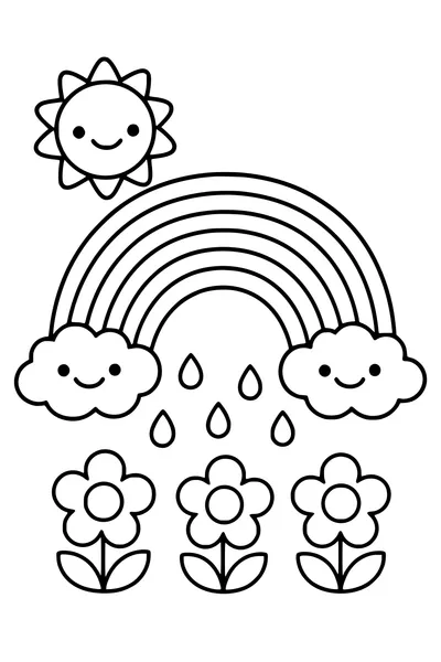 Easy coloring page of a large rainbow between two smiling clouds