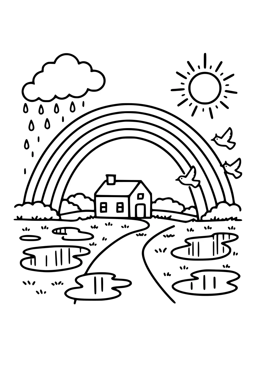 Coloring page of a rainbow over a wet meadow with a farmhouse