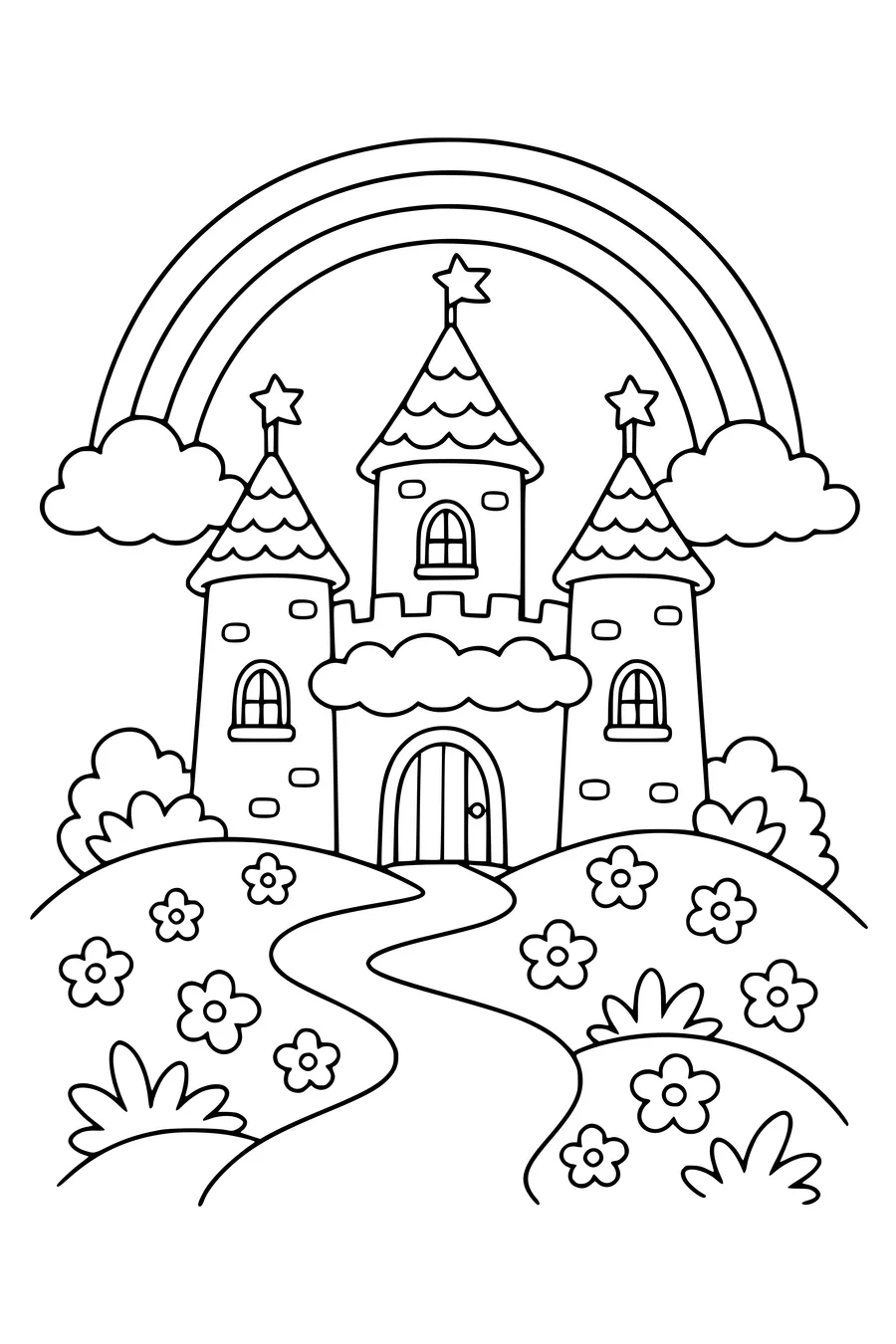 Coloring page of an original fantasy castle beneath a rainbow