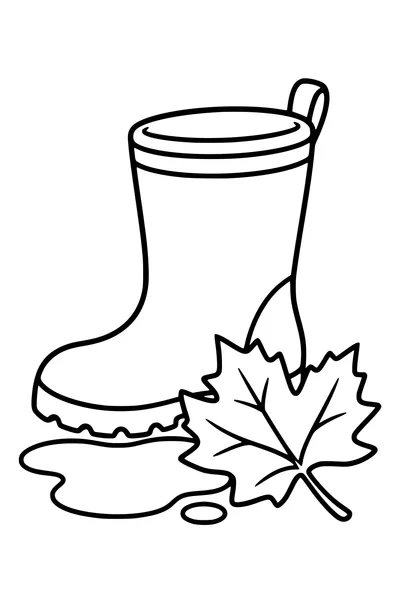 One large rain boot stands beside a broad fallen maple leaf and a small puddle.