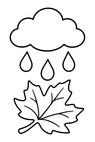 One simple rain cloud releases three large drops above a broad fallen autumn leaf.