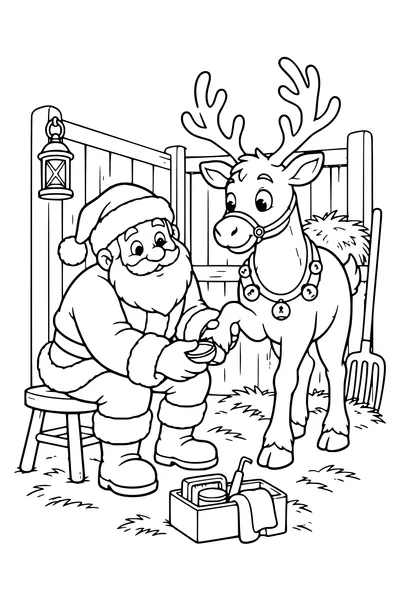 A caretaker gently checks a calm reindeer's hoof beside a low stool and grooming kit in Santa's stable.