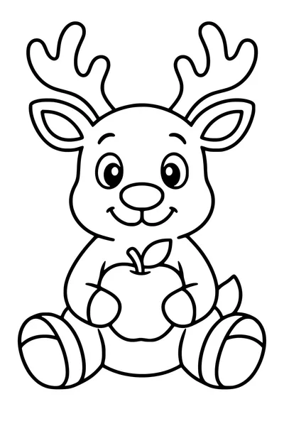 A friendly seated reindeer holds one large apple between its front hooves.