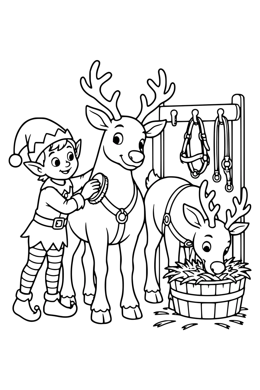 Un lutin brosse un renne tandis qu’un autre animal mange dans une mangeoire à foin.