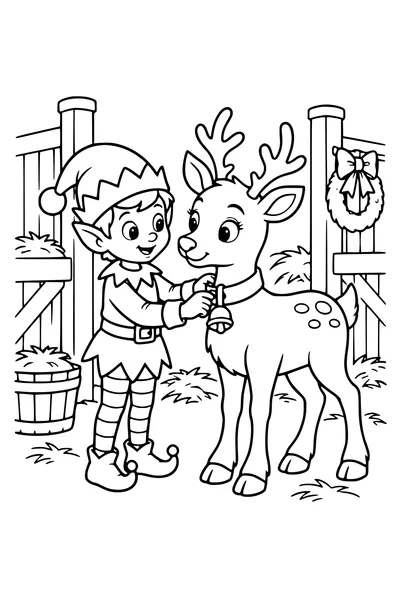 An original elf gently fastens a broad collar with one bell around a young reindeer in a tidy stable.