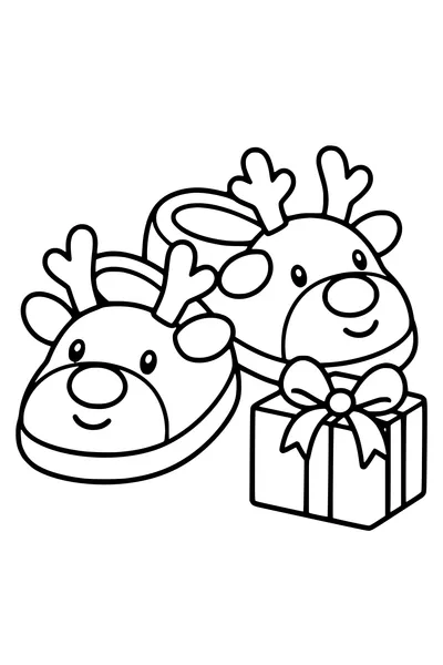 A pair of simple plush reindeer slippers has rounded noses and short antlers, one small gift beside them.