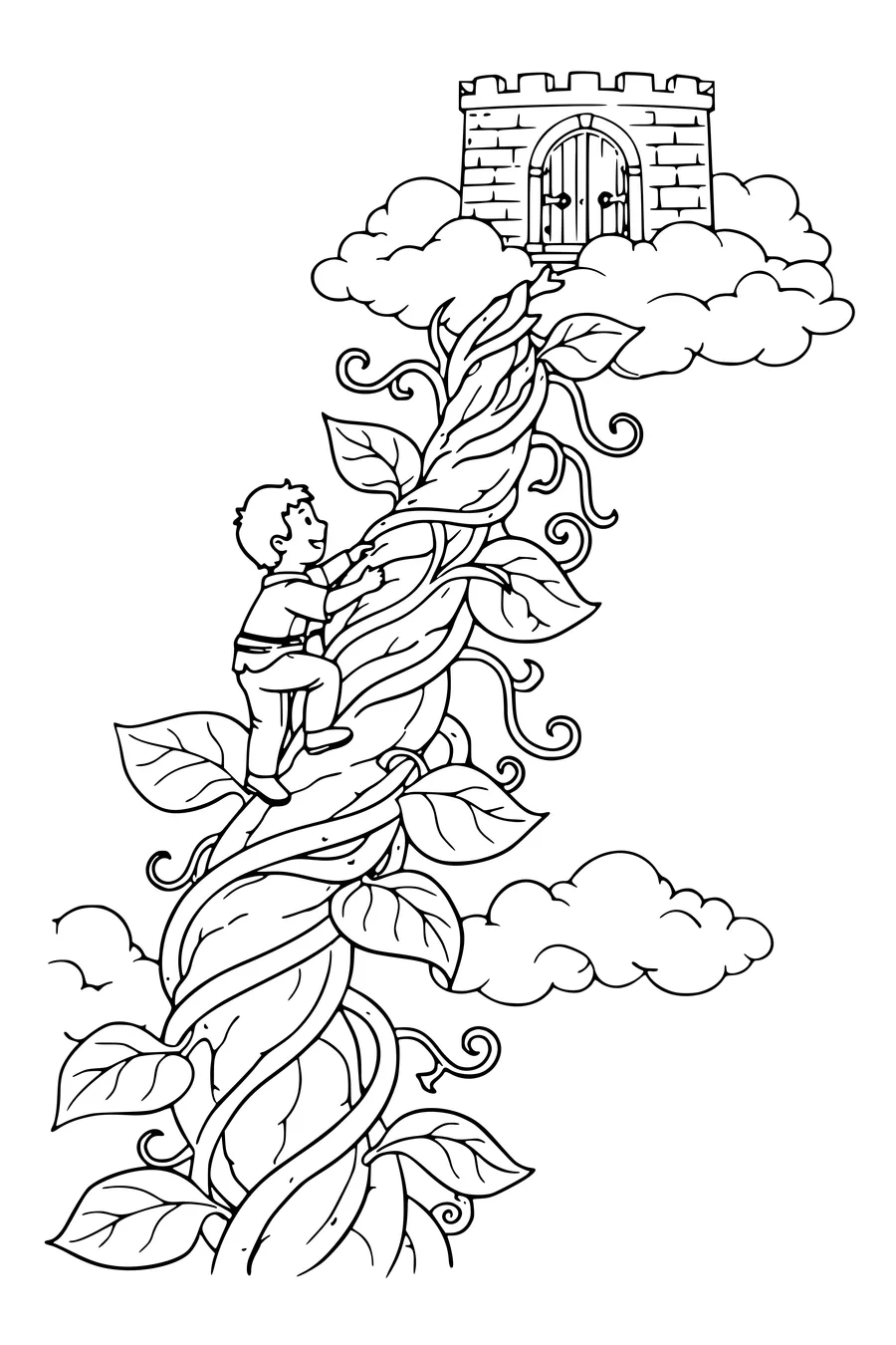 Coloring page of a giant beanstalk with a boy climbing into the clouds