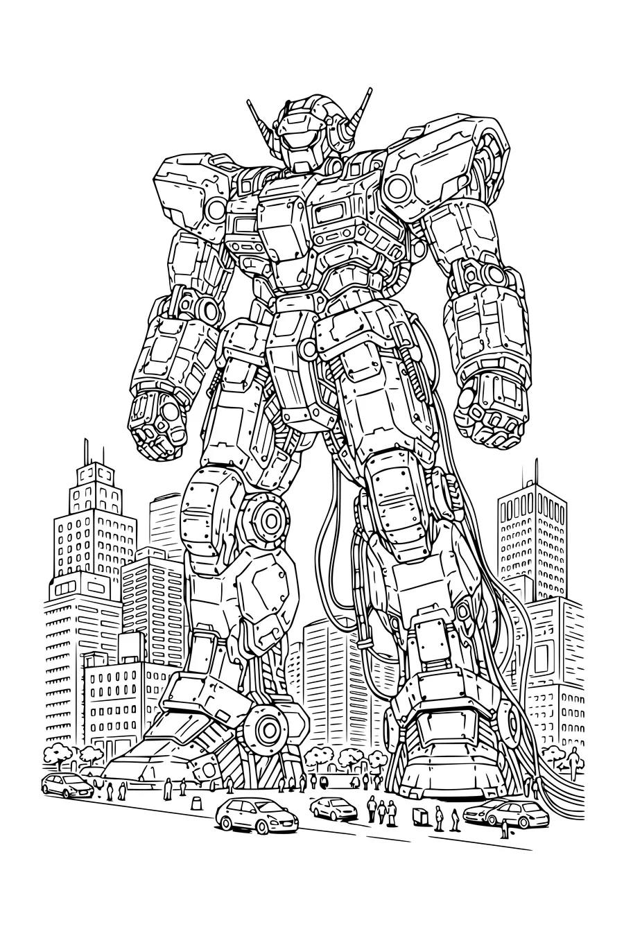Coloring page of a giant robot standing among city buildings