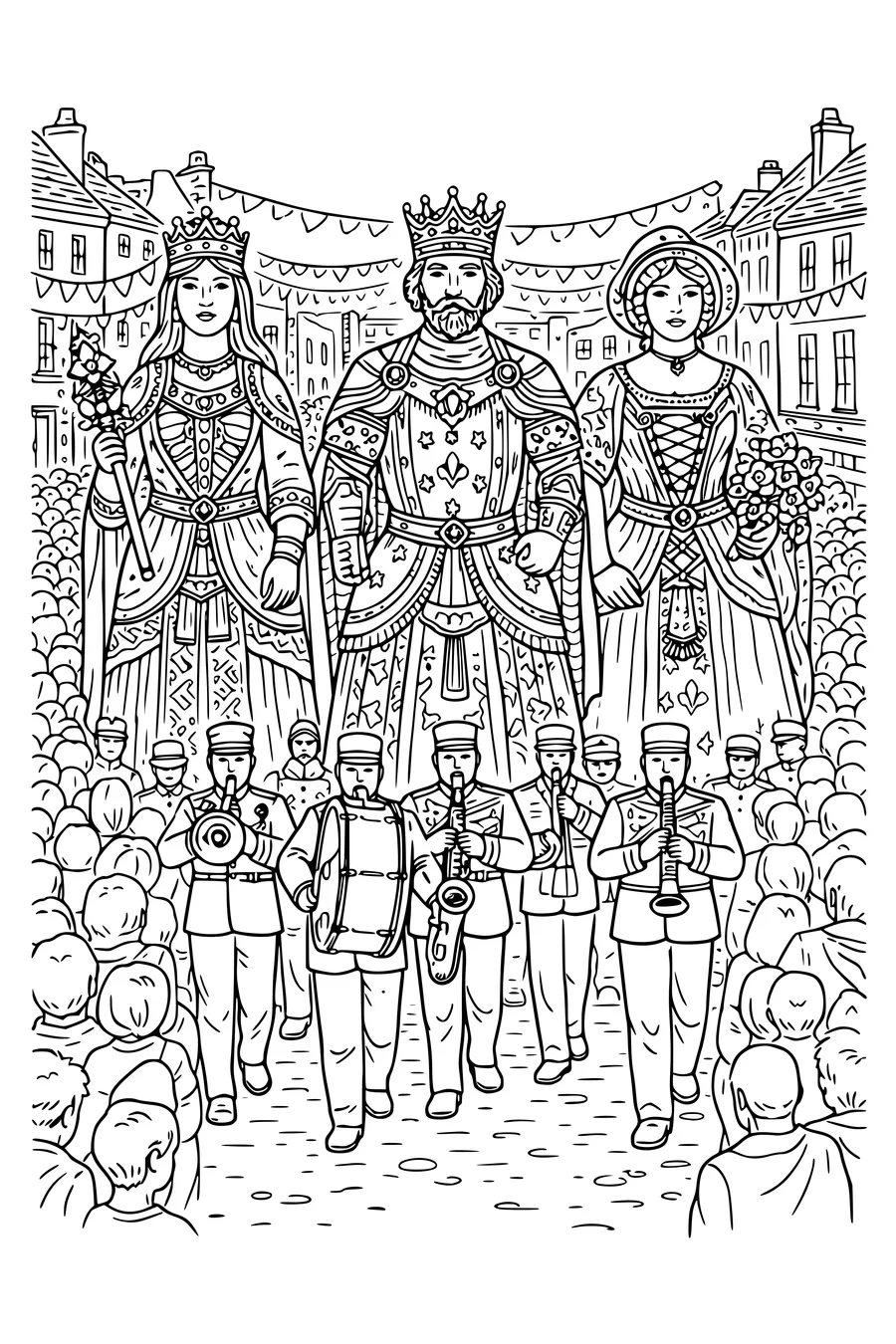 Coloring page of three processional giants carried through a street