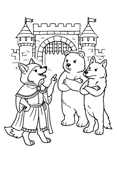 Coloring page of Reynard the Fox in a cloak arguing with a bear and a wolf