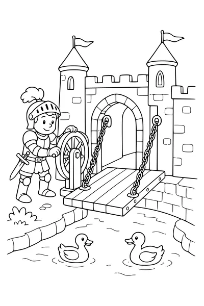 Coloring page of a knight lowering a castle drawbridge with a large wheel