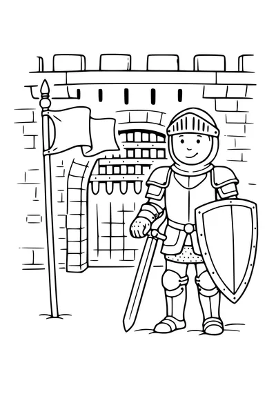 Coloring page of a knight in armour with a shield beside a castle gate