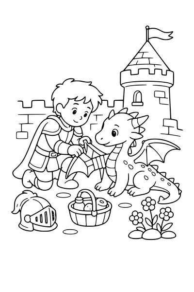 Medium coloring page of an original young knight helping a friendly baby dragon