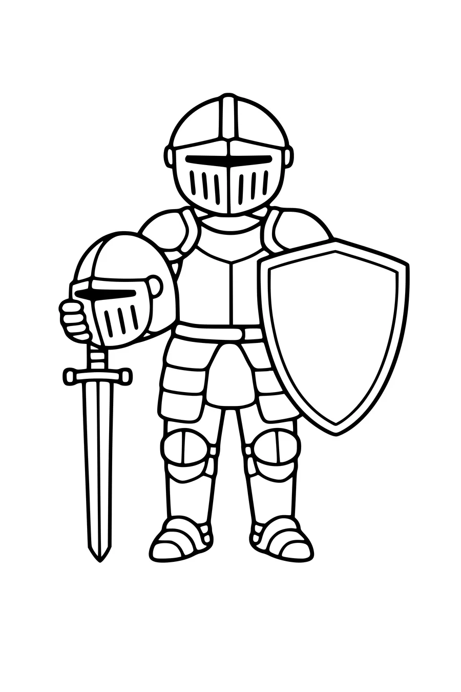 Coloring page of a knight holding a large blank shield and a sword