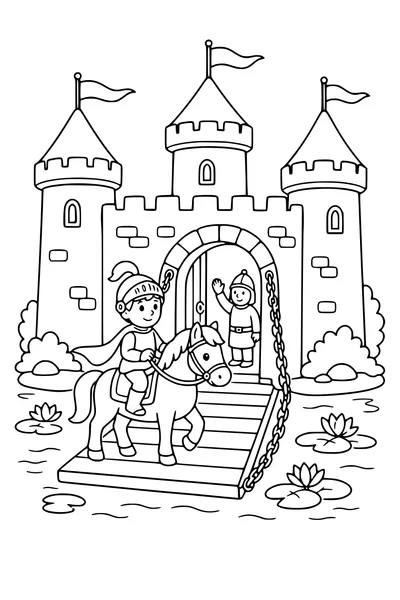 Medium coloring page of an original young knight crossing a castle drawbridge