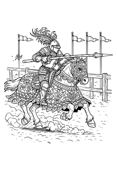 Coloring page of a jousting knight on a galloping horse with a lance
