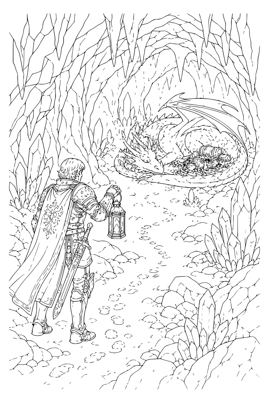 Free printable coloring page of knight explores a dragon cave