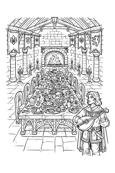 Coloring page of a great hall set for a feast with hanging banners