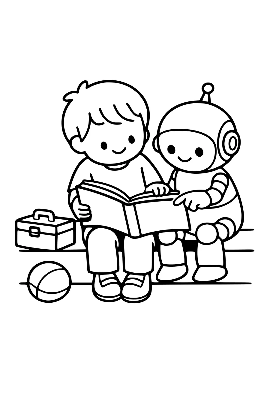 Coloriage d’un enfant et d’un petit robot lisant ensemble