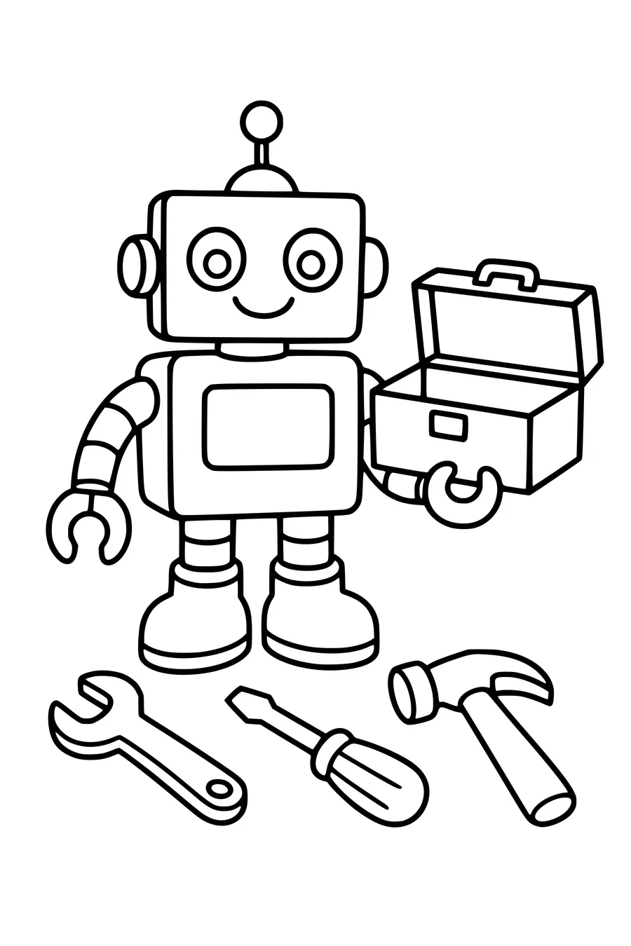 Easy coloring page of an original friendly robot with a toolbox