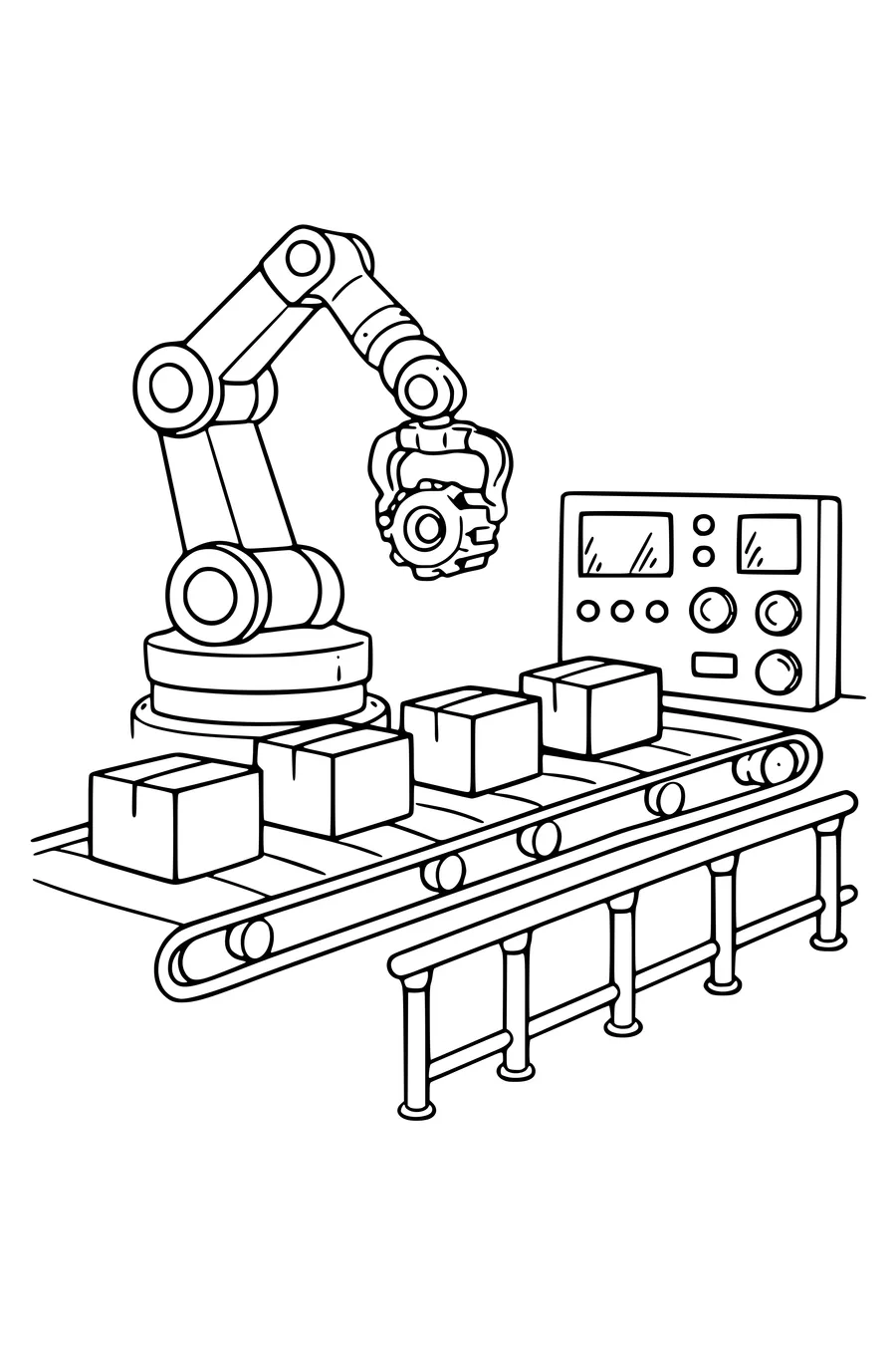 Coloring page of an industrial robot arm above a conveyor belt