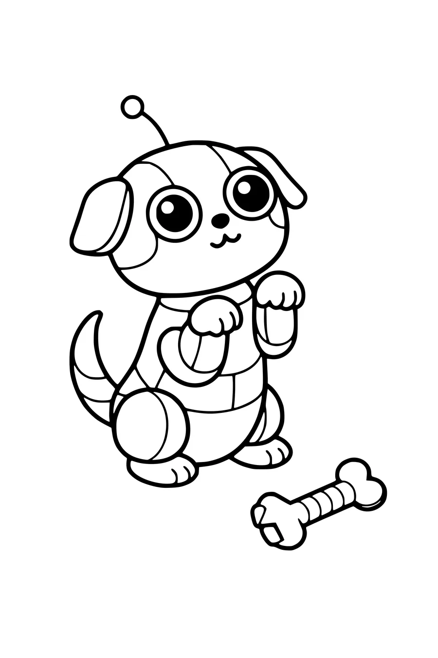 Coloring page of a robot dog begging with a bolt-shaped bone